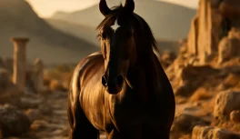 A powerful dark horse with white star on its forehead in a golden ancient rocky landscape evoking Bucephalus