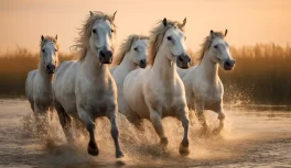 Manada de caballos blancos de la Camarga galopando por agua poco profunda al amanecer