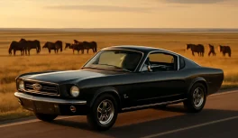 Classic 1965 Ford Mustang on an open road with wild mustang horses in the background on an American prairie