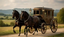 Carruaje berlinda del siglo XIX en movimiento en un camino rural, tirado por dos caballos bayos con arneses de cuero