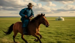 Cavaleiro em cavalo mongol galopando nas estepes com ger nômade ao fundo e horizonte infinito