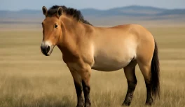 Cavalo de Przewalski em estepe aberta com crina ereta característica e pelagem castanho-amarelada com listra dorsal