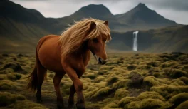 Icelandic horse with thick mane walking on moss-covered lava field with waterfall in background in Iceland