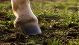 Healthy barefoot horse hoof making contact with natural pasture ground, showing a well-developed frog and sole