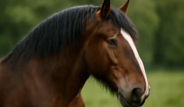 Retrato close-up da cabeça e pescoço de um cavalo Shire castanho com olhos expressivos e perfil romano
