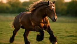 Powerful muscular draft horse galloping in an open green field at golden hour
