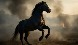 Poderoso caballo de guerra oscuro en postura imponente en paisaje histórico dramático con atmósfera de campo de batalla