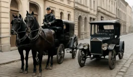 Carruagem puxada por cavalos e automóvel antigo em rua histórica europeia dos anos 1900
