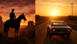 Composição cinematográfica dividida: cowboy a cavalo ao pôr do sol e muscle car americano em estrada deserta