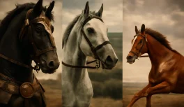 Composição evocando cavalos históricos famosos — cavalo negro com estrela branca, árabe cinza e Thoroughbred castanho