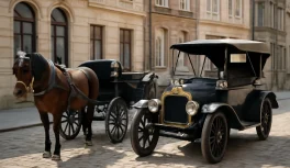 Horse-drawn carriage and early 1900s automobile sharing a historical European cobblestone street