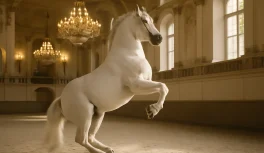 Cavalo Lipizzaner branco em movimento de levada em picadeiro clássico com arquitetura barroca e luz dourada