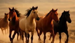 A mixed-color herd of wild horses galloping across open plains at golden hour