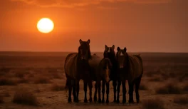 A small group of wild horses in arid landscape at sunset conveying isolation and vulnerability