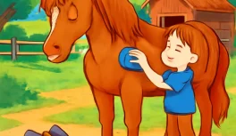 Cartoon chestnut mare being brushed by a girl in yellow boots on a farm