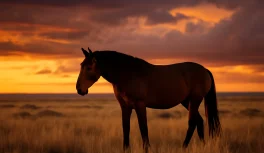 Caballo bayo solo en pradera abierta americana al atardecer evocando a Comanche, único superviviente de Little Bighorn