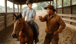 Joven jinete principiante entrenando vaquejada en arena con instructor al lado, caballo al galope controlado