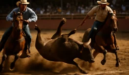 Boi derrubado na cal com juízes observando a pontuação em arena de vaquejada