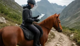 Jinete con casco de seguridad y ropa técnica en caballo castaño en sendero de montaña