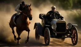Cavalo puro-sangue e automóvel antigo dos anos 1900 em corrida lado a lado em estrada com poeira