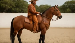 Cavaleiro de vaquejada com indumentária completa — chapéu de couro, gibão e perneiras — montado em cavalo arreado