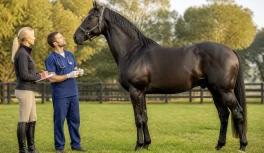 Powerful stallion being evaluated by a veterinarian and breeder in a green paddock