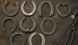 Assorted horseshoes of different shapes and materials arranged on a farrier's workbench