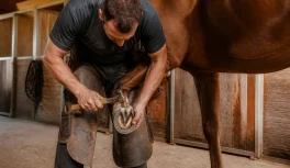 Farrier in leather apron nailing a horseshoe onto a horse's hoof inside a well-lit stable