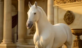 A noble white horse in an environment with marble columns and purple draping evoking Incitatus and Imperial Rome