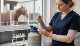 Especialista em reprodução equina com kit de inseminação e container de transporte de sêmen
