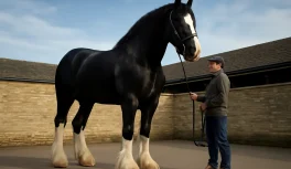 Exceptionally tall black Shire horse standing next to person for scale comparison photographed from low angle