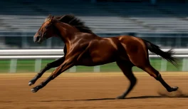 Cavalo Thoroughbred castanho avermelhado em pleno galope em pista de corrida vazia sob luz de manhã evocando Man o' War
