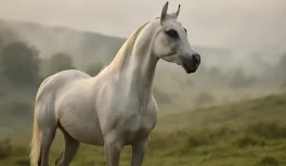 Caballo árabe gris claro de porte noble en paisaje europeo neblinoso que evoca a Marengo, el caballo de batalla de Napoleón