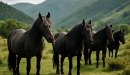 Cavalos selvagens ibéricos de pelagem escura em paisagem natural característica da Espanha com vegetação local