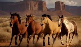 A band of American Mustang horses galloping across western plains with red rock formations in the background
