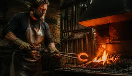 Farrier in leather apron at a coal forge, holding a glowing orange horseshoe with long-handled tongs