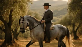 Cavaleiro em traje andaluz tradicional montando cavalo PRE cinzento entre oliveiras com luz dourada