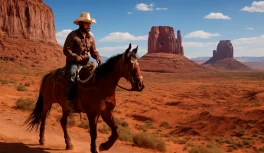 Cowboy with felt hat on bay Quarter Horse in red prairie country with sandstone formations in Utah
