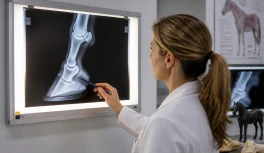 Especialista em podologia equina analisando radiografia do casco de cavalo em caixa de luz de centro de diagnóstico