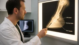 Equine podiatry specialist studying a horse hoof X-ray on a lightbox in a modern diagnostic clinic