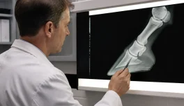 Especialista en podología equina estudiando una radiografía del casco de caballo en una caja de luz de clínica diagnóstica