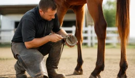 Professional carefully examining a brown horse's hoof in an outdoor paddock, hoof pick in hand