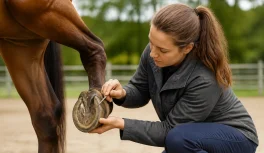 Profesional examinando cuidadosamente el casco de un caballo marrón en un paddock al aire libre, con limpiador en mano