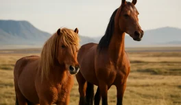 Dois cavalos de raças distintas — um islandês pequeno e robusto e um árabe elegante — em paisagem natural aberta