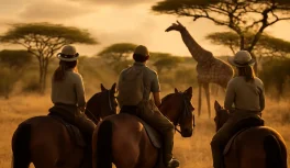 Cavaleiros em safari a cavalo na savana do Quênia com girafa ao fundo e acácias no horizonte ao entardecer