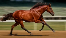 Caballo Thoroughbred alazán en pleno galope solo en la recta de un hipódromo con tribunas al fondo evocando a Secretariat