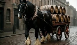 Black Shire horse harnessed to decorated brewery delivery cart pulling barrels through Victorian London cobblestone streets