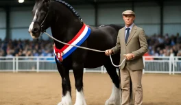 Caballo Shire negro perfectamente preparado con banda de campeón en arena de exposición con cuidador al lado