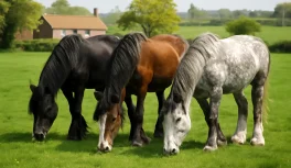 Tres caballos Shire de diferentes colores pastando juntos en prado verde con granja al fondo