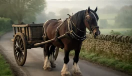 Cavalo Shire escuro arreado em carroça de madeira em estrada rural inglesa com neblina